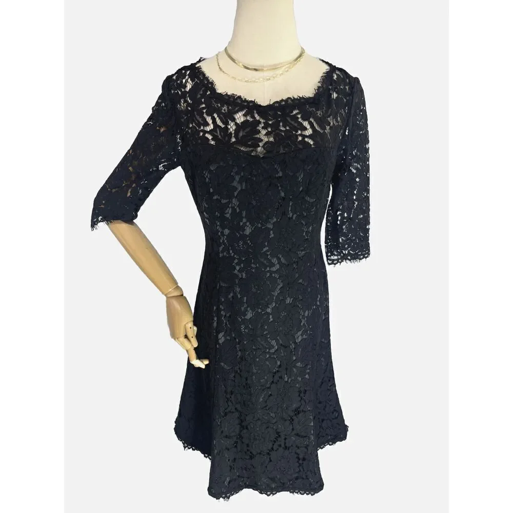 Eliza J Womens Size 4 Black Lace‎ Dress Sheer 3/4 Sleeve A-Line Fit Flare Lined